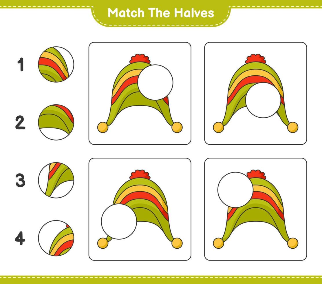 incontro il metà. incontro metà di cappello. educativo bambini gioco, stampabile foglio di lavoro, vettore illustrazione