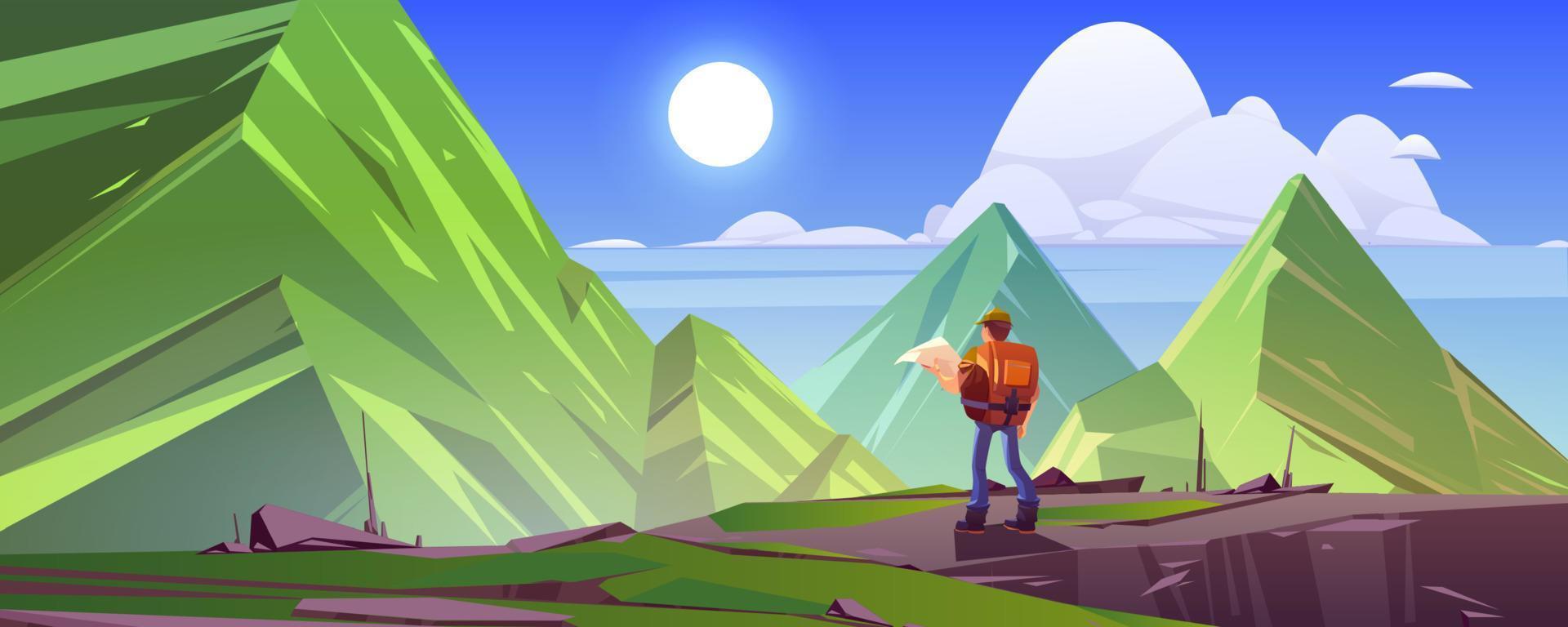 montagna paesaggio con escursionista uomo con carta geografica vettore