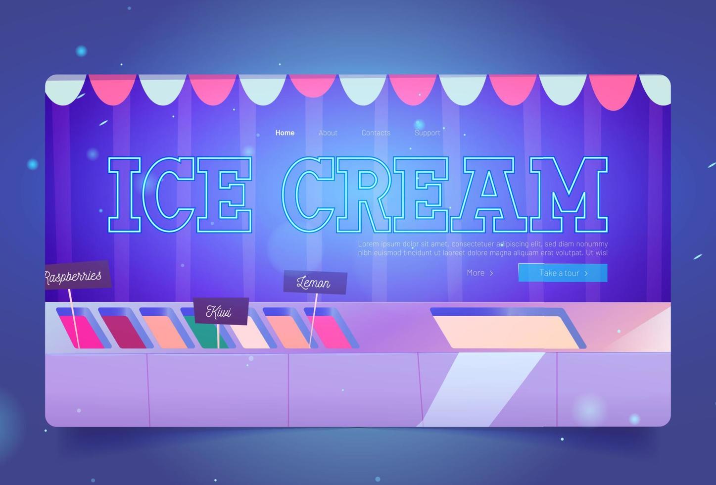 ghiaccio crema negozio sito web con coppa di gelato guarnita nel frigo vettore