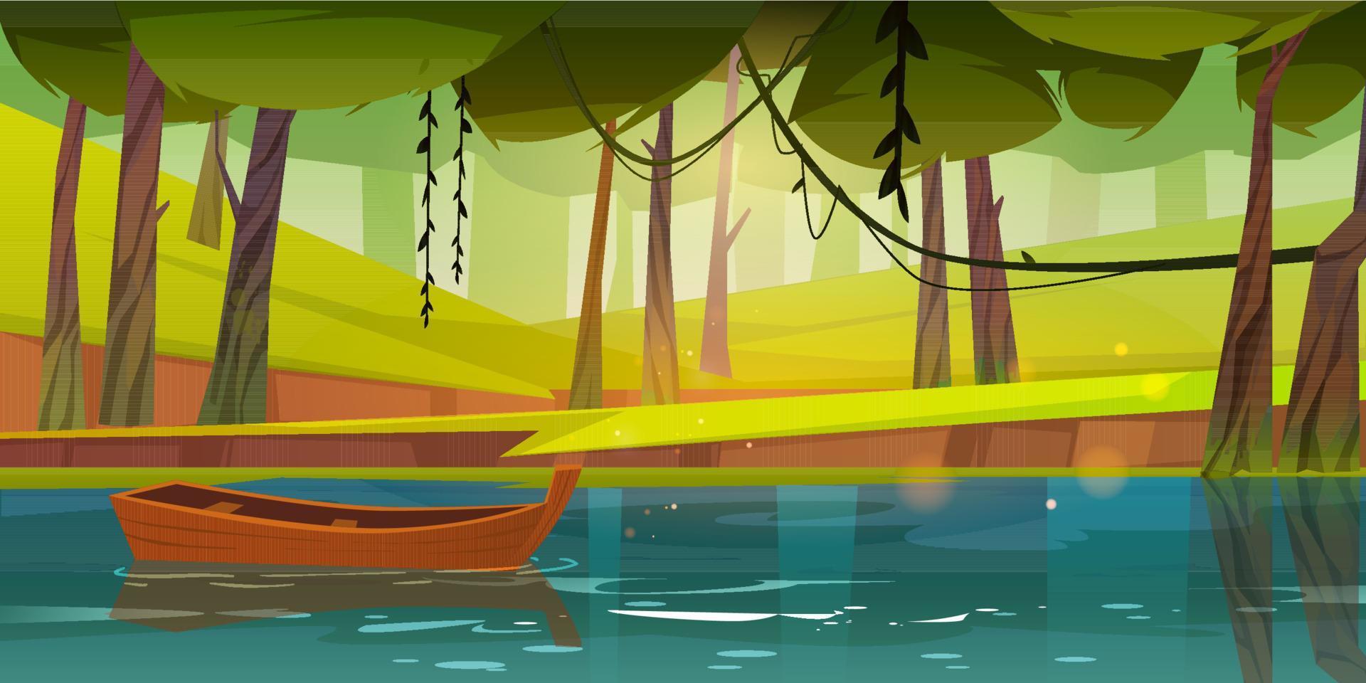 di legno barca galleggiante su foresta lago, stagno o fiume vettore