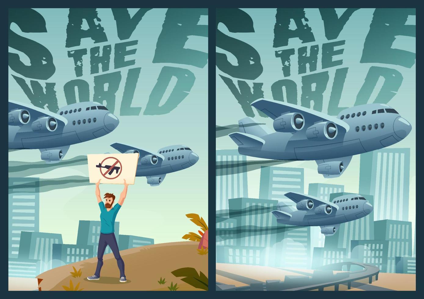 Salva il mondo cartone animato manifesti, fermare guerra concetto vettore
