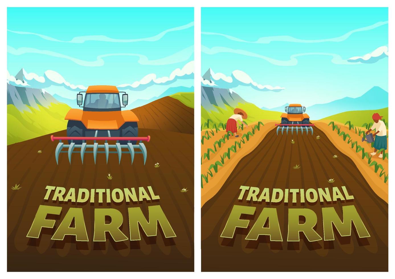 tradizionale azienda agricola cartone animato manifesto trattore aratro campo vettore