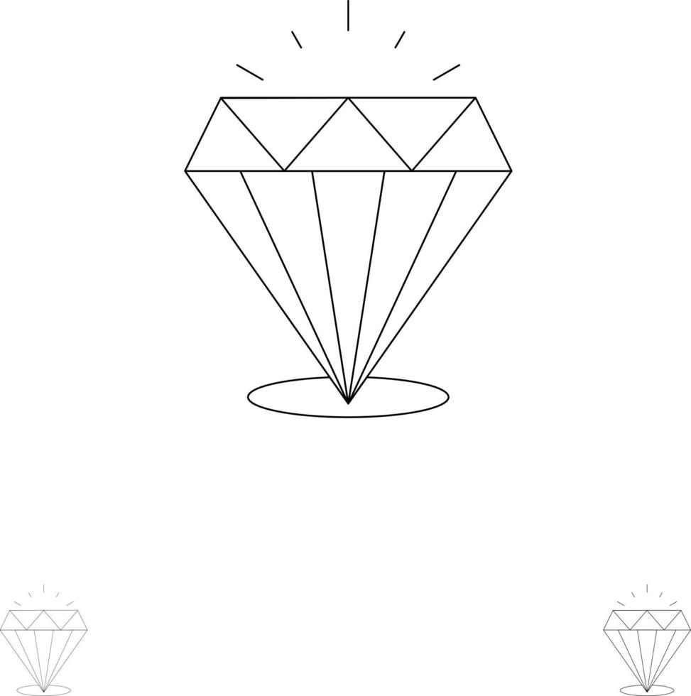 diamante brillare costoso pietra grassetto e magro nero linea icona impostato vettore