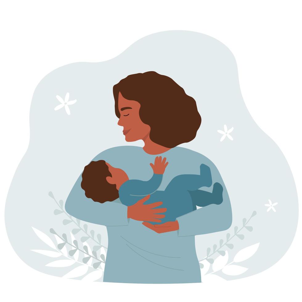 un' giovane afroamericano donna con un' bambino nel sua braccia. mamma e bambino bambino insieme. contento famiglia. vettore grafica.