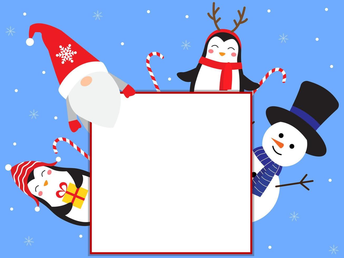 Natale saluto carta con posto per testo. Natale carta con pinguini, pupazzi di neve e gnomo. carino Fata racconto personaggi. vettore illustrazione