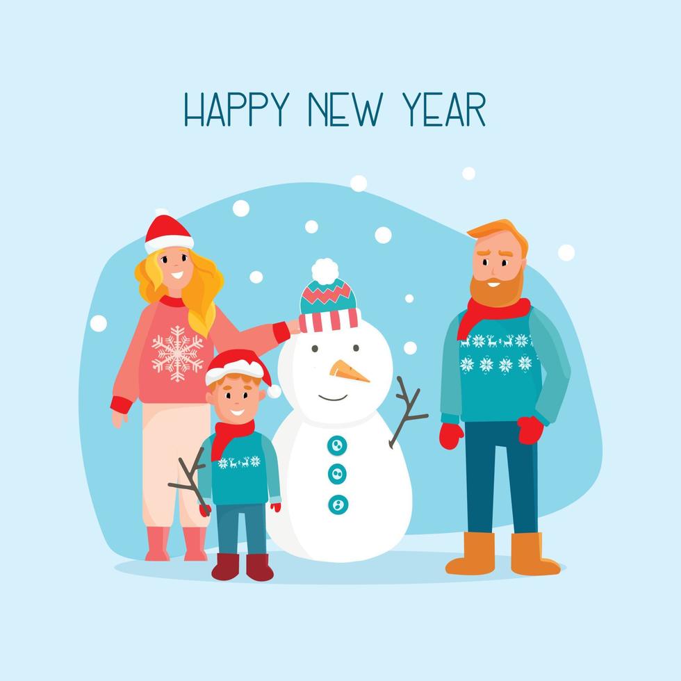 giovane genitori e poco figlio giocando pupazzo di neve, contento famiglia e pupazzo di neve, allegro Natale e nuovo anno saluto carta, cartone animato vettore illustrazione
