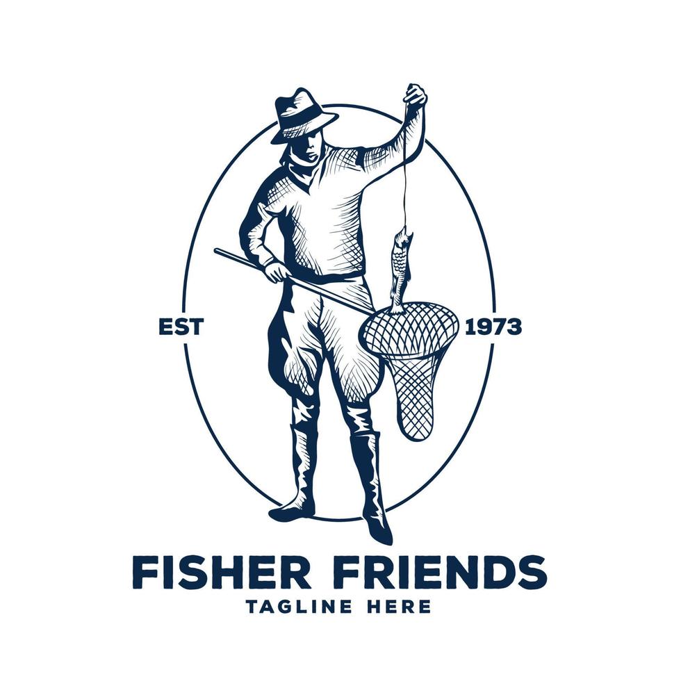 Vintage ▾ pescatore vettore illustrazione logo disegno, Perfetto per pesca club logo