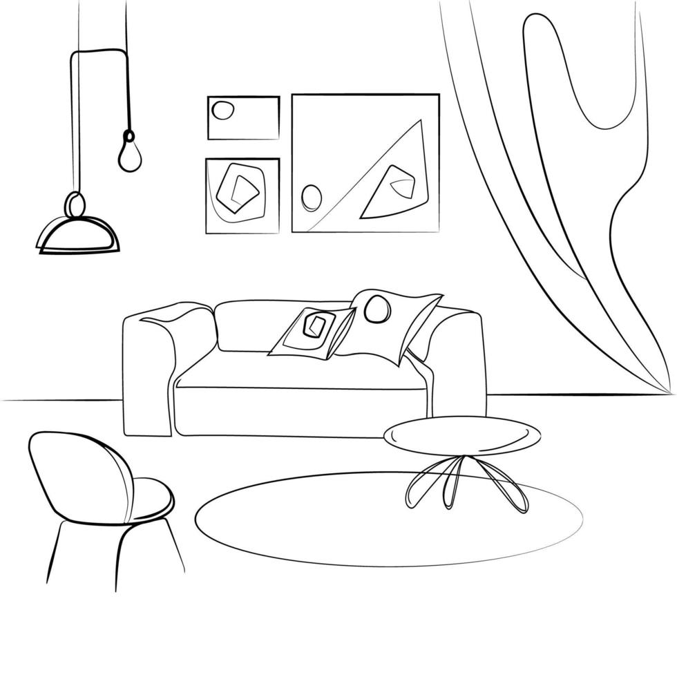 interno design con moderno vivente camera con divano, poltrona, astratto dipinti su il parete e sospeso soffitta lampade, caffè tavolo nero linea schizzo disegno su bianca sfondo vettore illustrazione