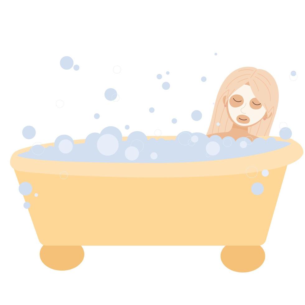 rilassato donna dire bugie a bagno vasca con viso maschera e bolle schiuma. donna assunzione un' bagno.bolla bagno giorno. vettore