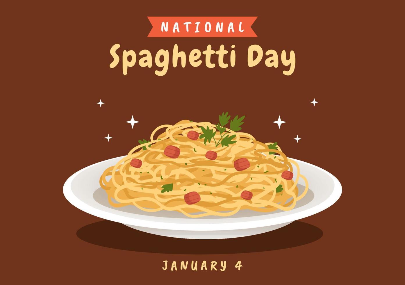 nazionale spaghetti giorno su 4 ° gennaio con un' piatto di italiano tagliatelle o pasta diverso piatti nel piatto cartone animato mano disegnato modello illustrazione vettore