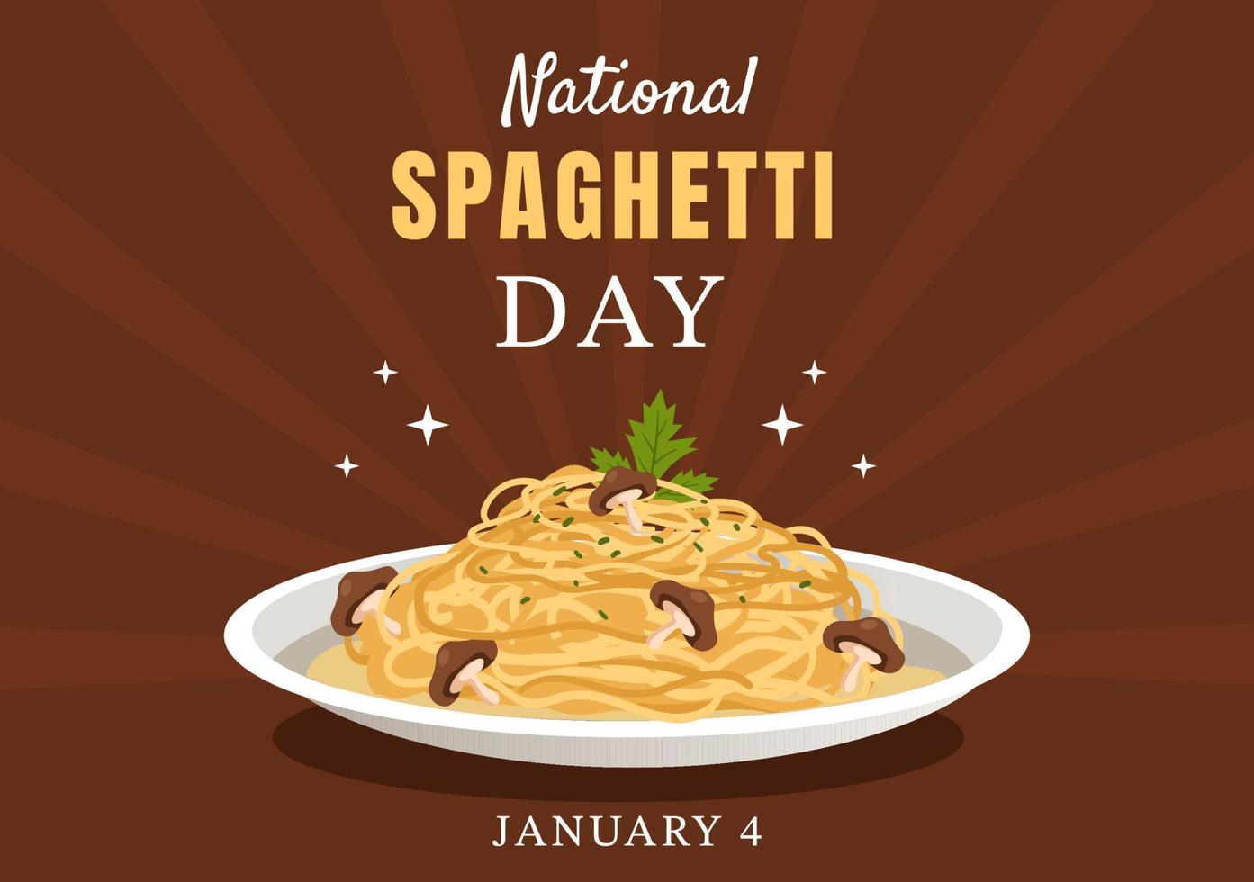 nazionale spaghetti giorno su 4 ° gennaio con un' piatto di italiano tagliatelle o pasta diverso piatti nel piatto cartone animato mano disegnato modello illustrazione vettore