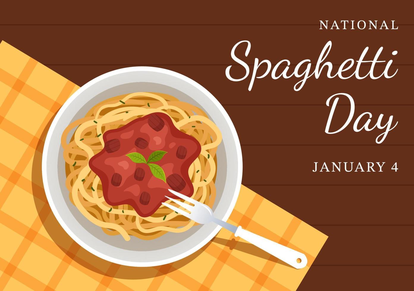 nazionale spaghetti giorno su 4 ° gennaio con un' piatto di italiano tagliatelle o pasta diverso piatti nel piatto cartone animato mano disegnato modello illustrazione vettore