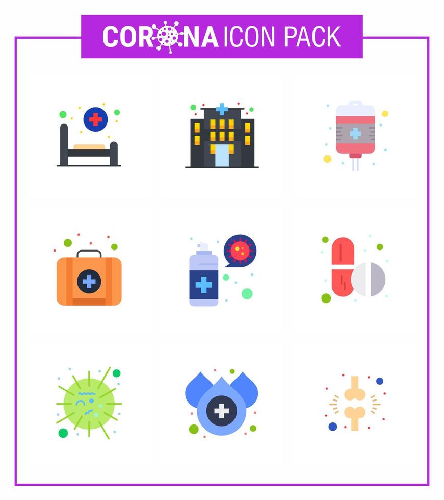 romanzo coronavirus nCoV-2019 9 piatto colore icona imballare protezione spray recupero pulizia kit virale coronavirus 2019 nov malattia vettore design elementi