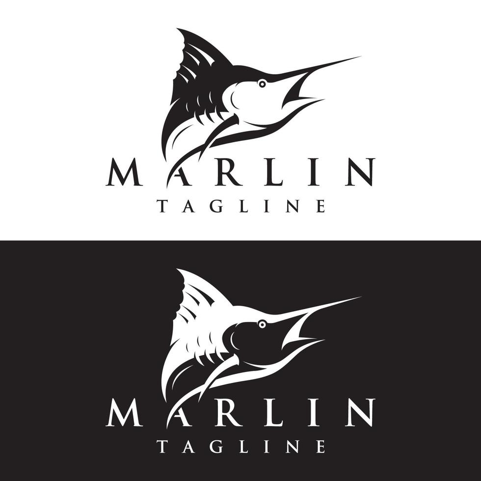 creativo astratto logo design di pesce spada o Marlin pesce silhouette. Marlin salto su acqua. vettore