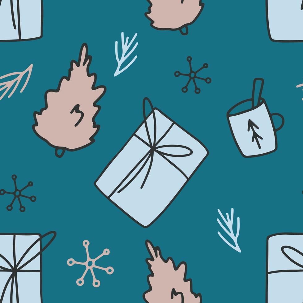 senza soluzione di continuità vacanza inverno modello con carino accogliente nordico Natale scarabocchio mano disegnato decorazione elemento nel blu grigio caldo colore vettore