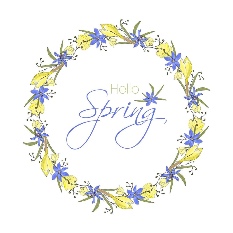 Ciao primavera lettering carta con ghirlanda mano disegnato scarabocchio giallo e viola fiori. vettore