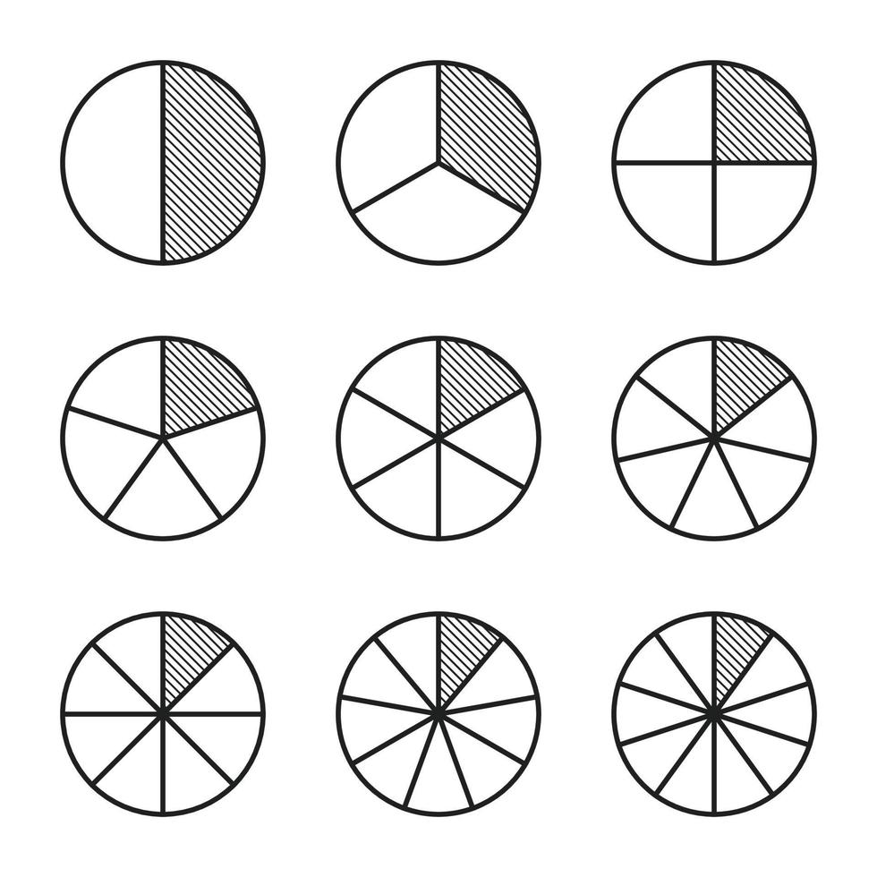 frazionario cerchio linea grafico icona. rapporto e alcuni lineare vettore icone. il il giro forma di un' torta o Pizza è tagliare nel fette di il stesso ombreggiatura linea. lineare illustrazione di un' semplice attività commerciale grafico.