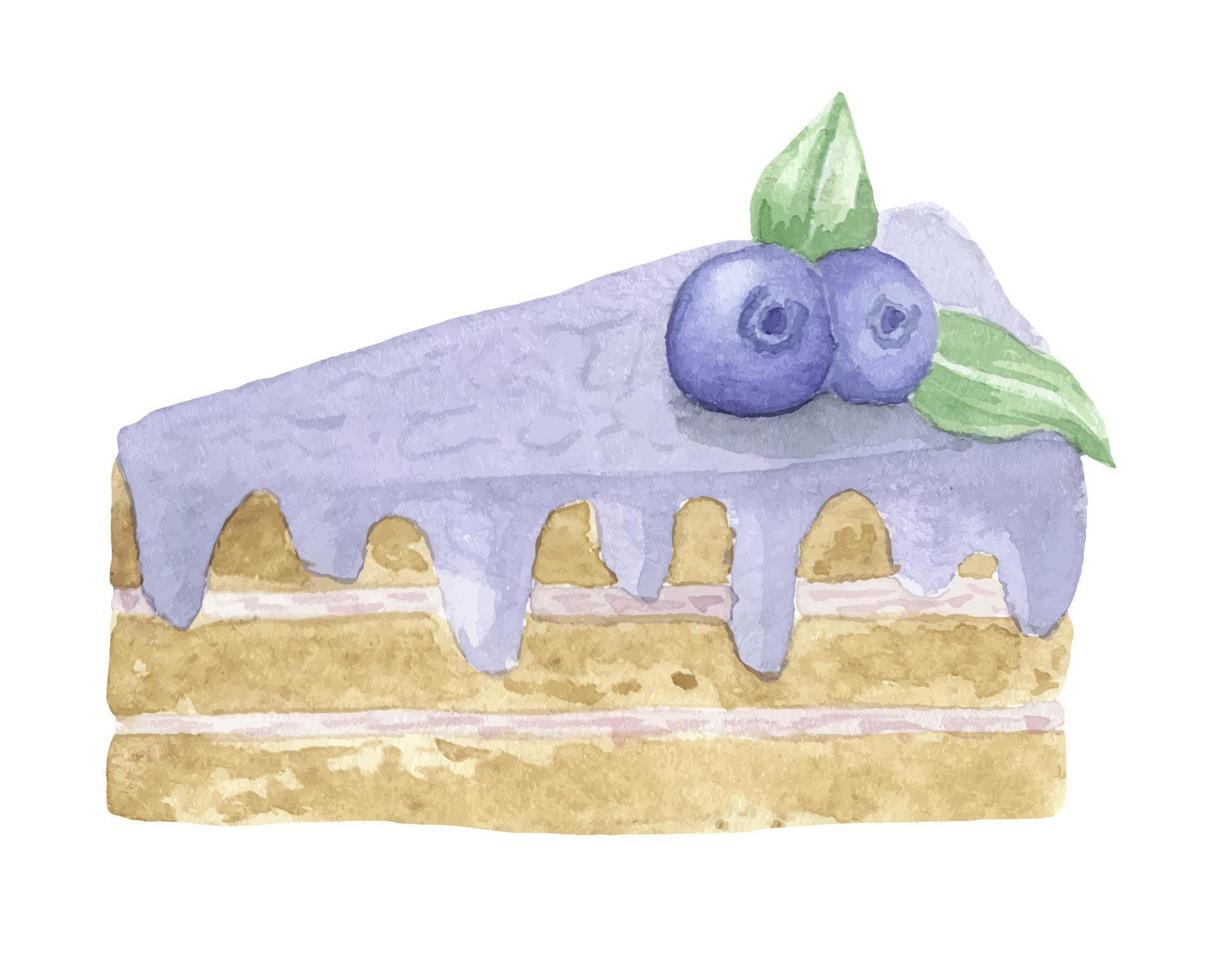 un' pezzo di in stile acquarello torta. il torta è tagliare. viola colore, mirtillo torta, compleanno torta. acquerello illustrazione. vettore