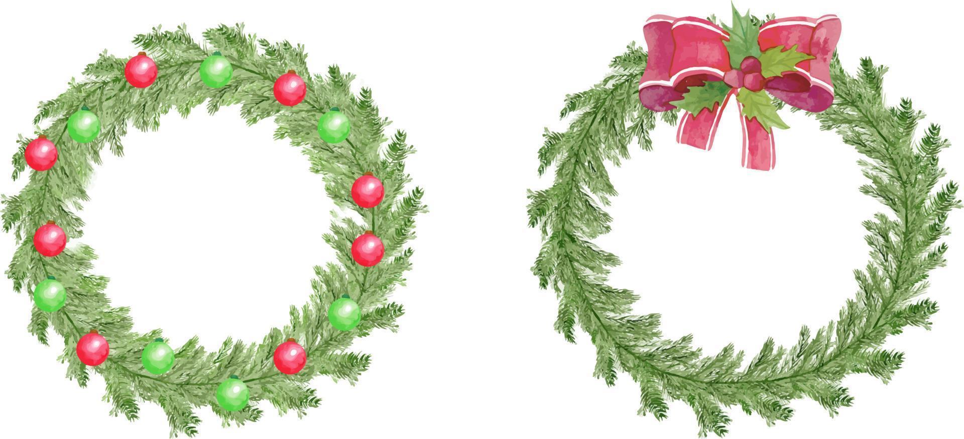 impostato di tradizionale acquerello Natale pino albero ghirlanda con rosso e verde palle. natale ghirlanda con asciutto rami vettore