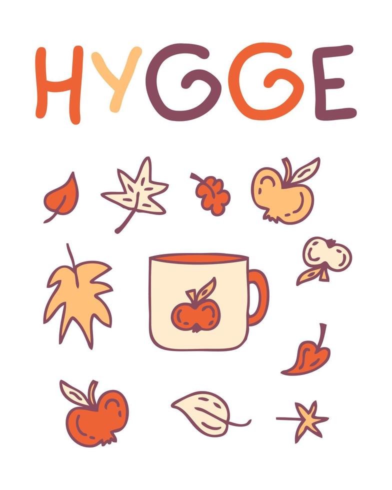 hygge slogan Stampa con tazza, autunno le foglie e mele. vettore