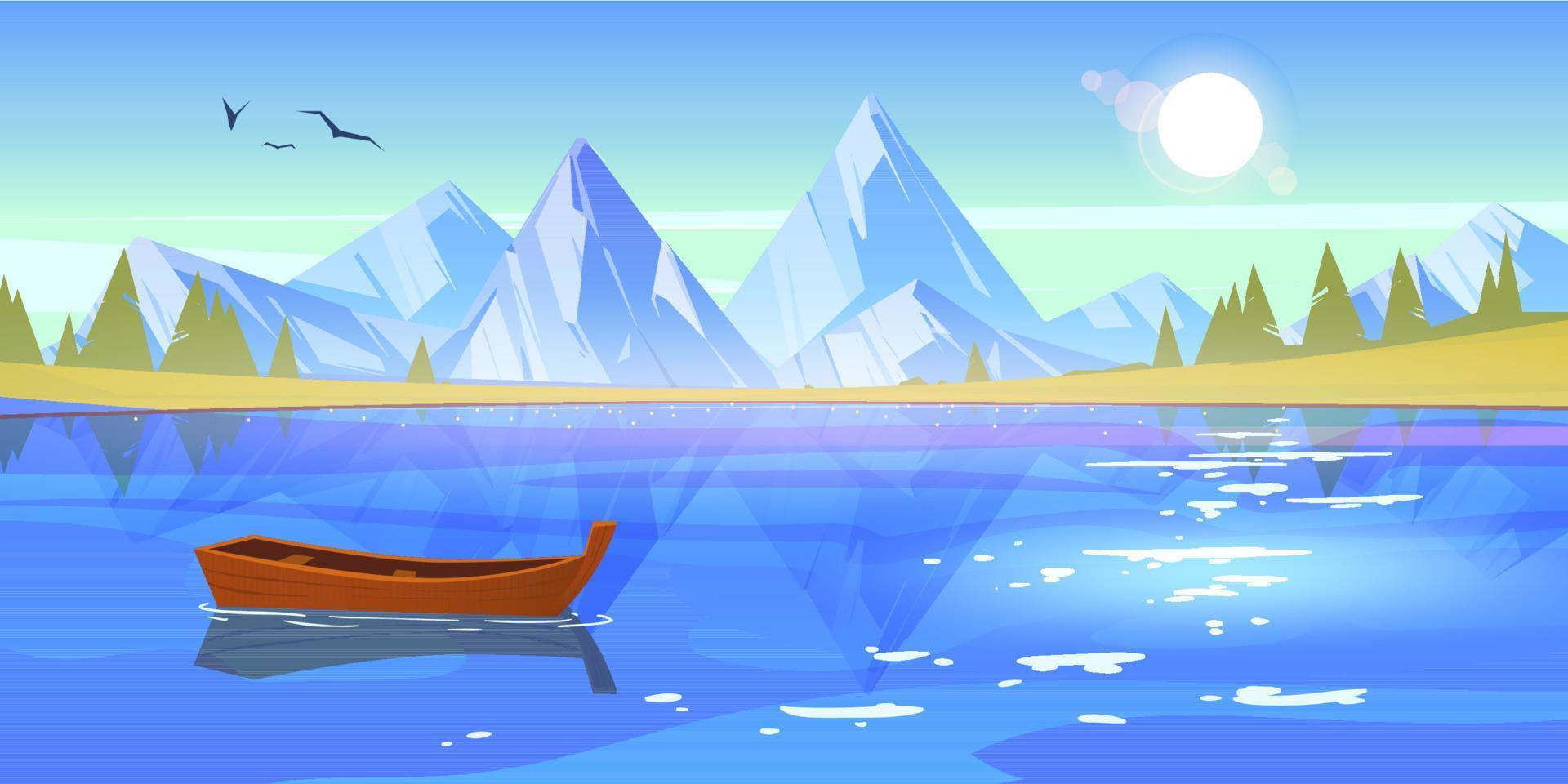 di legno barca su lago, stagno o fiume con montagne vettore