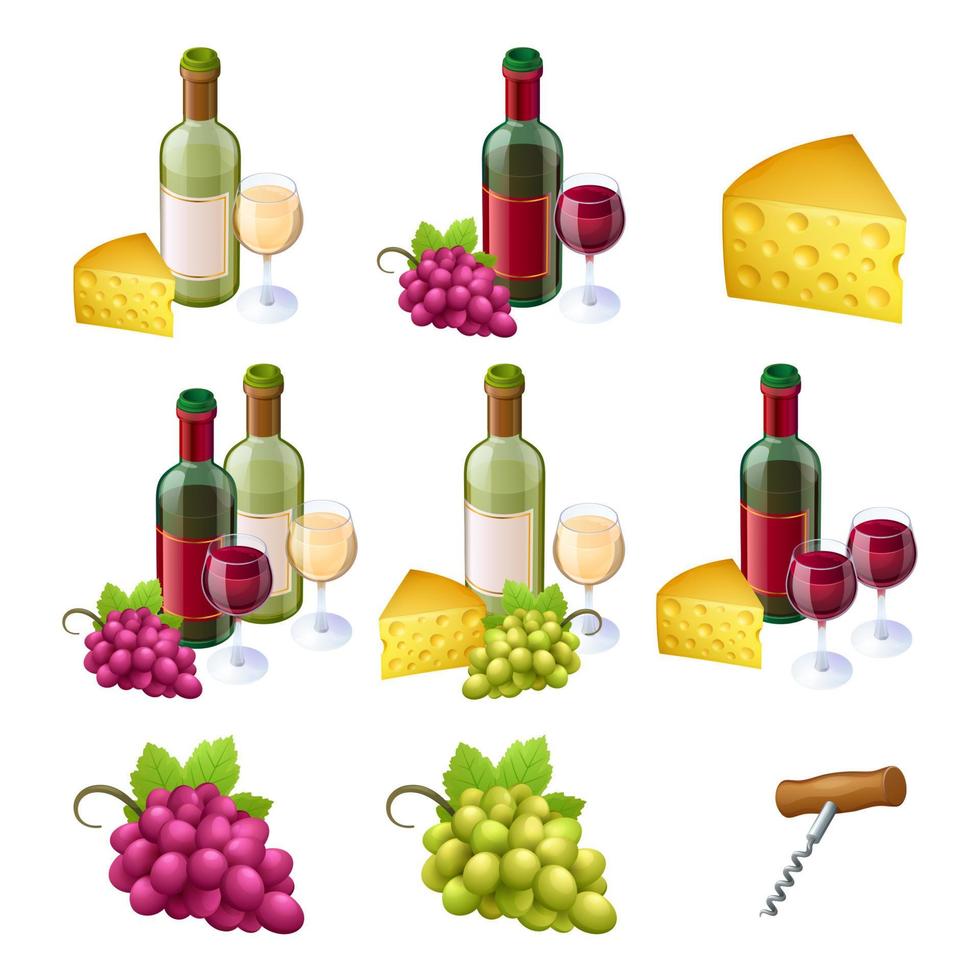 impostato di vino bottiglie, occhiali, formaggio e uva vettore