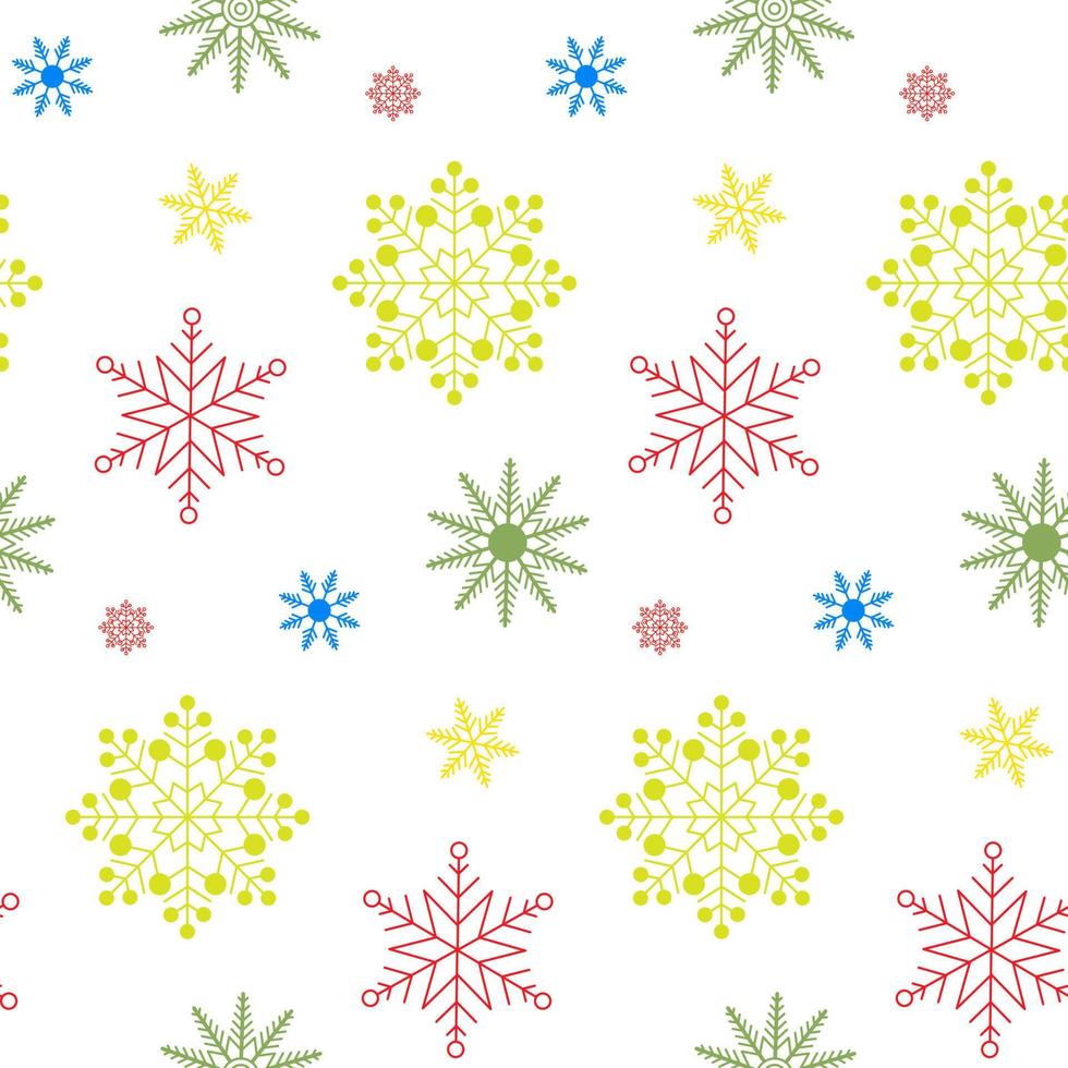 senza soluzione di continuità modello di colorato i fiocchi di neve su isolato bianca sfondo. stagione celebrazione di nuovo anno, Natale, inverno vacanze. nevicata sfondo per saluto carte, scrapbooking, sfondo. vettore