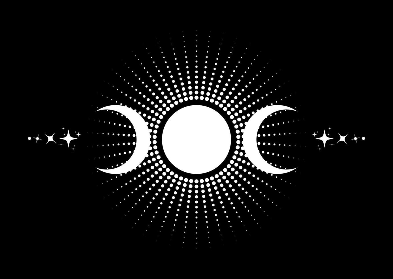 triplicare Luna religioso wiccan cartello. wicca logo neopaganesimo simbolo, triplicare dea icona tatuaggio, dea di il Luna, il terra, e parto. mezzaluna, metà, e pieno Luna vettore isolato su nero