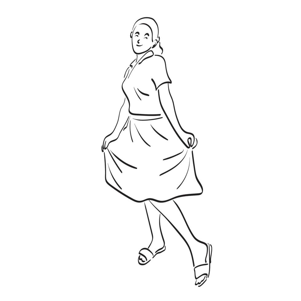 linea arte donna Tenere sua gonna illustrazione vettore mano disegnato isolato su bianca sfondo