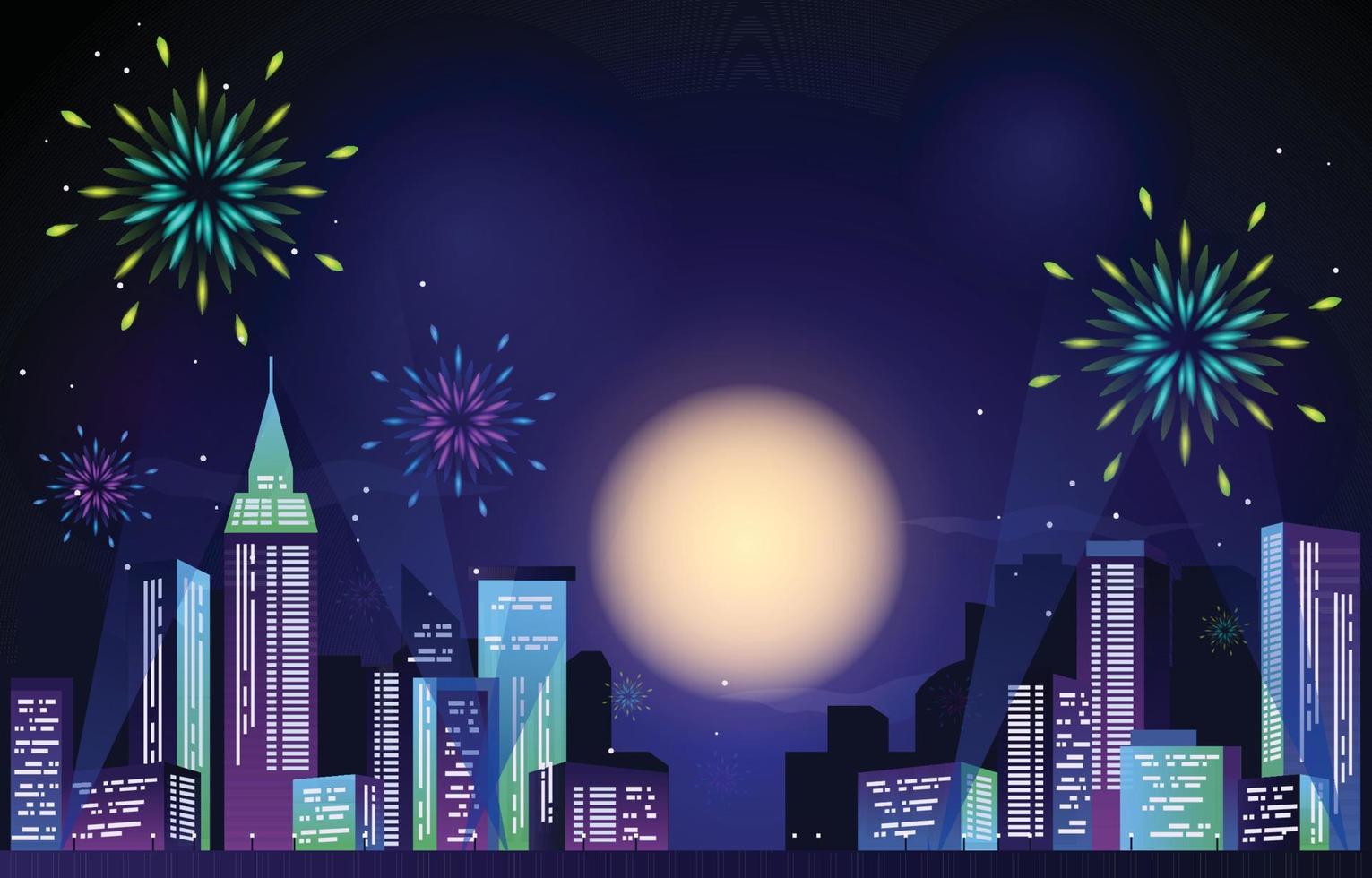 contento nuovo anno città edificio paesaggio urbano fuochi d'artificio pieno Luna vettore