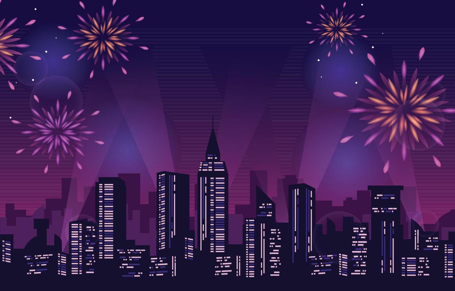 contento nuovo anno città edificio paesaggio urbano fuochi d'artificio festa vettore