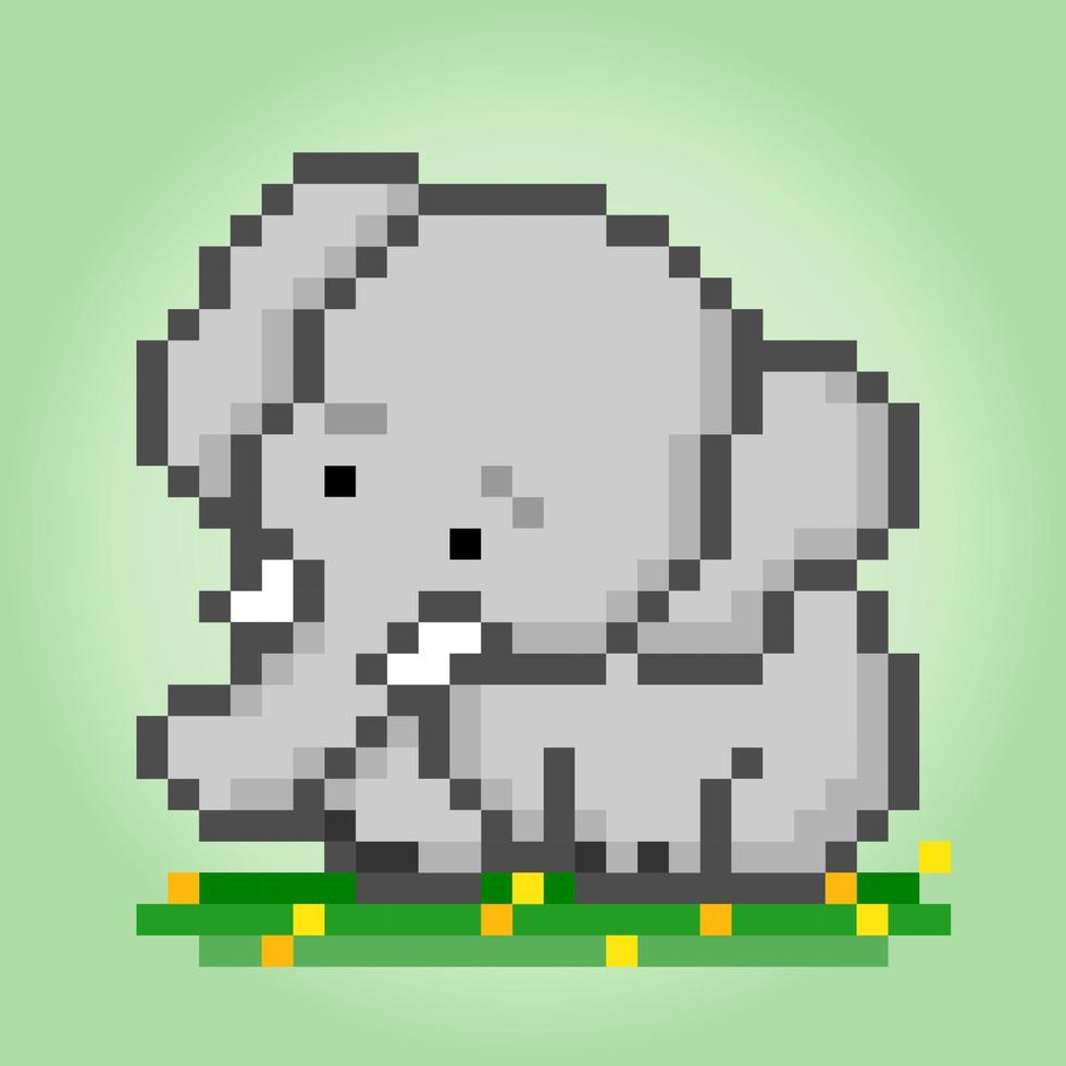 L'elefante a 8 bit pixel è seduto. animali felici per le risorse di gioco nelle illustrazioni vettoriali. vettore