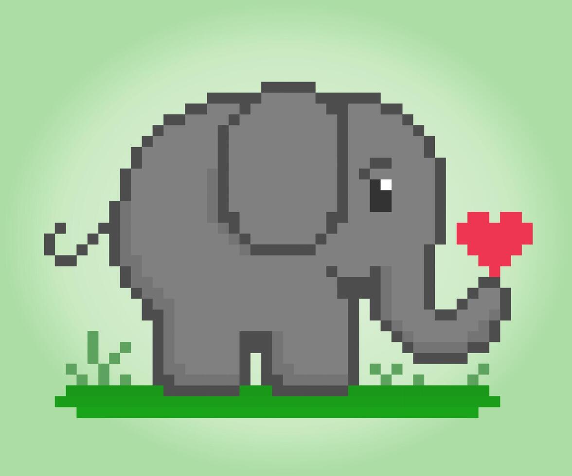 Elefante con pixel a 8 bit con in mano un cuore. animali per le risorse di gioco nelle illustrazioni vettoriali. vettore