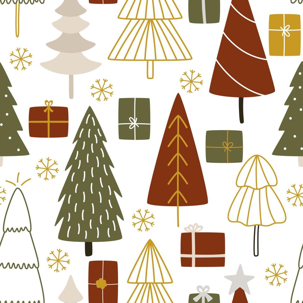 Natale alberi con i regali per festeggiare il nuovo anno festa. senza soluzione di continuità vettore inverno modello con illustrazioni di Natale alberi, fiocchi di neve, e regalo scatole per tessuto e involucro carta
