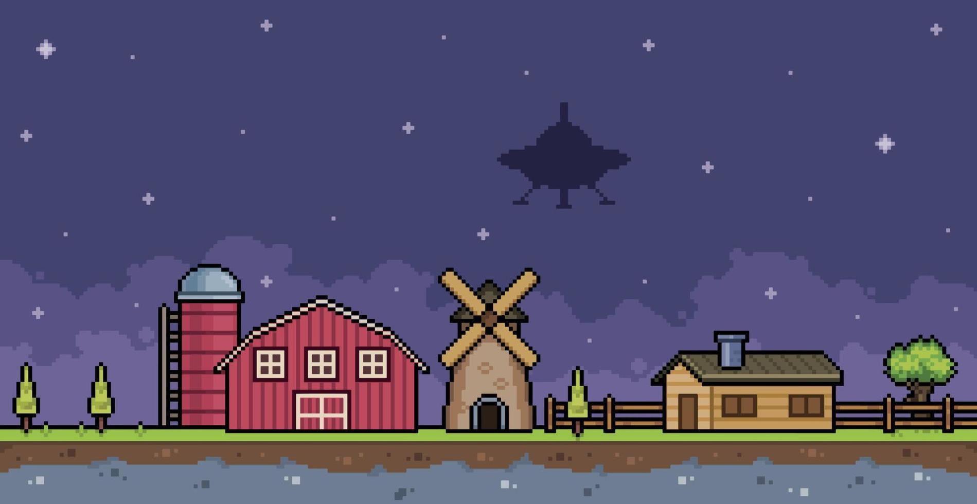 pixel arte ufo su azienda agricola con Casa, fienile, silo, mulino e volante piattino 8 bit gioco sfondo vettore