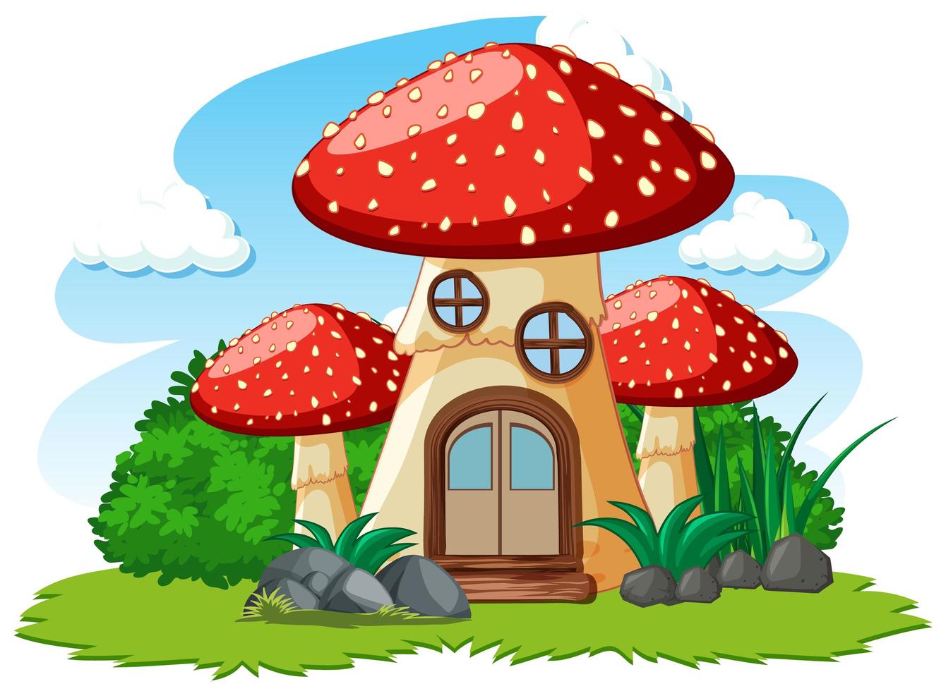 casa dei funghi e un po 'di erba in stile cartone animato su sfondo bianco vettore