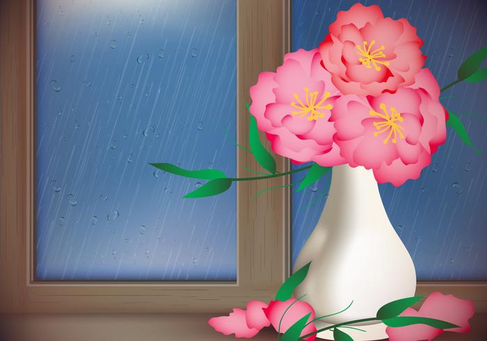 Fiore rosso con il vettore di finestra di giorno piovoso