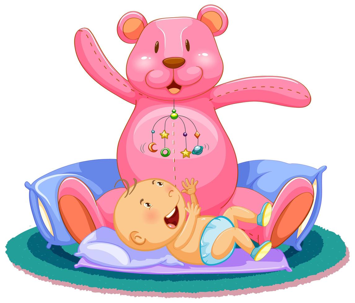 scena con bambino che dorme nel letto con orsacchiotto gigante vettore
