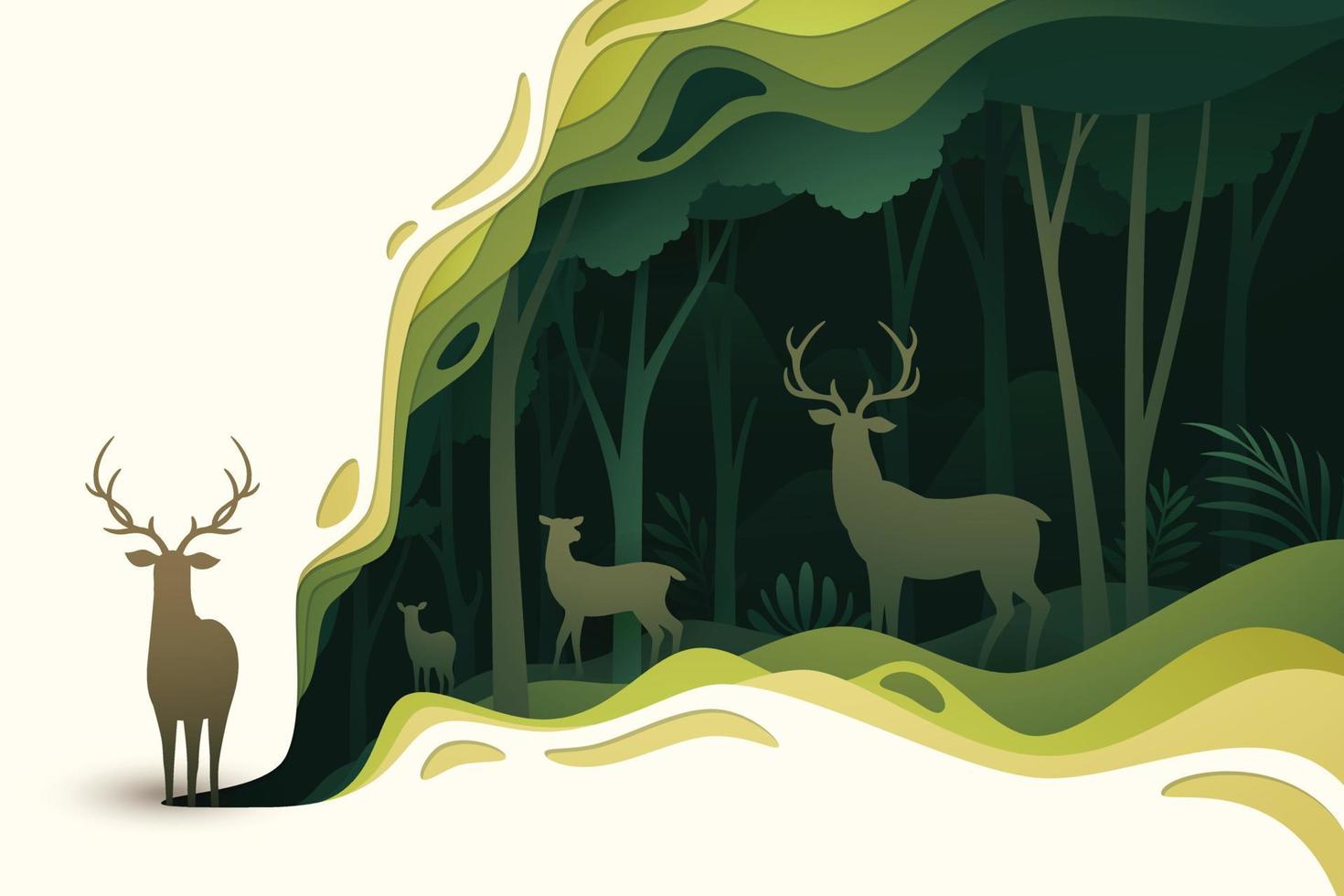 cervo nel naturale foresta stratificato forma ondulato sfondo nel carta tagliare stile vettore