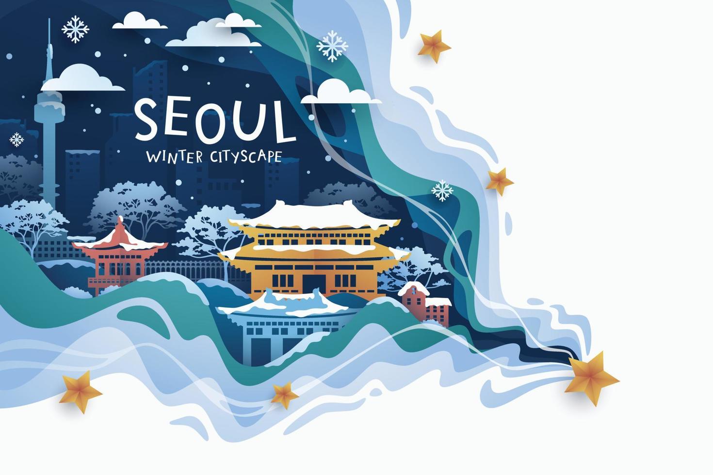 Corea famoso punti di riferimento viaggio bandiera nel inverno vettore