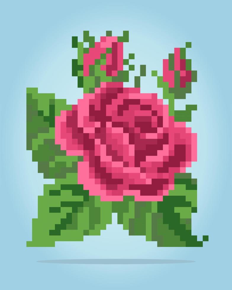 8 bit pixel di rose. fiori rossi per schemi punto croce, in illustrazioni vettoriali. vettore