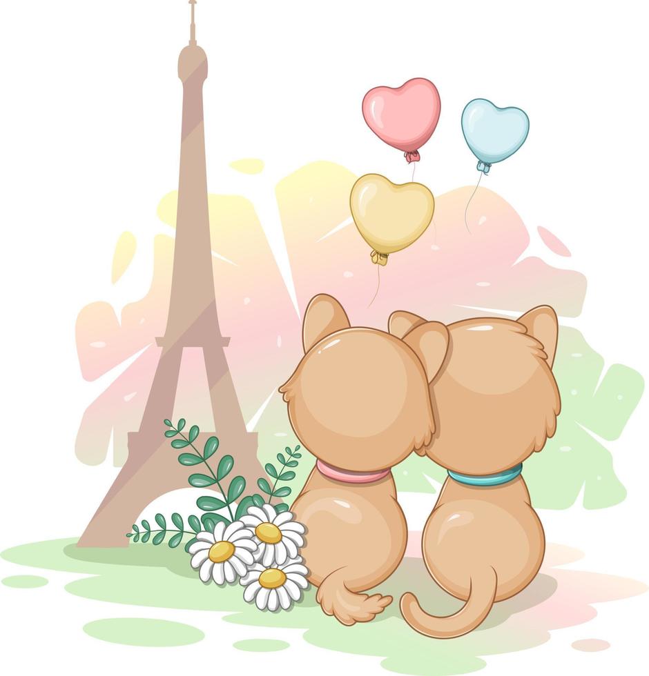 Due gatti nel amore con palloncini e fiori vicino il eiffel Torre vettore