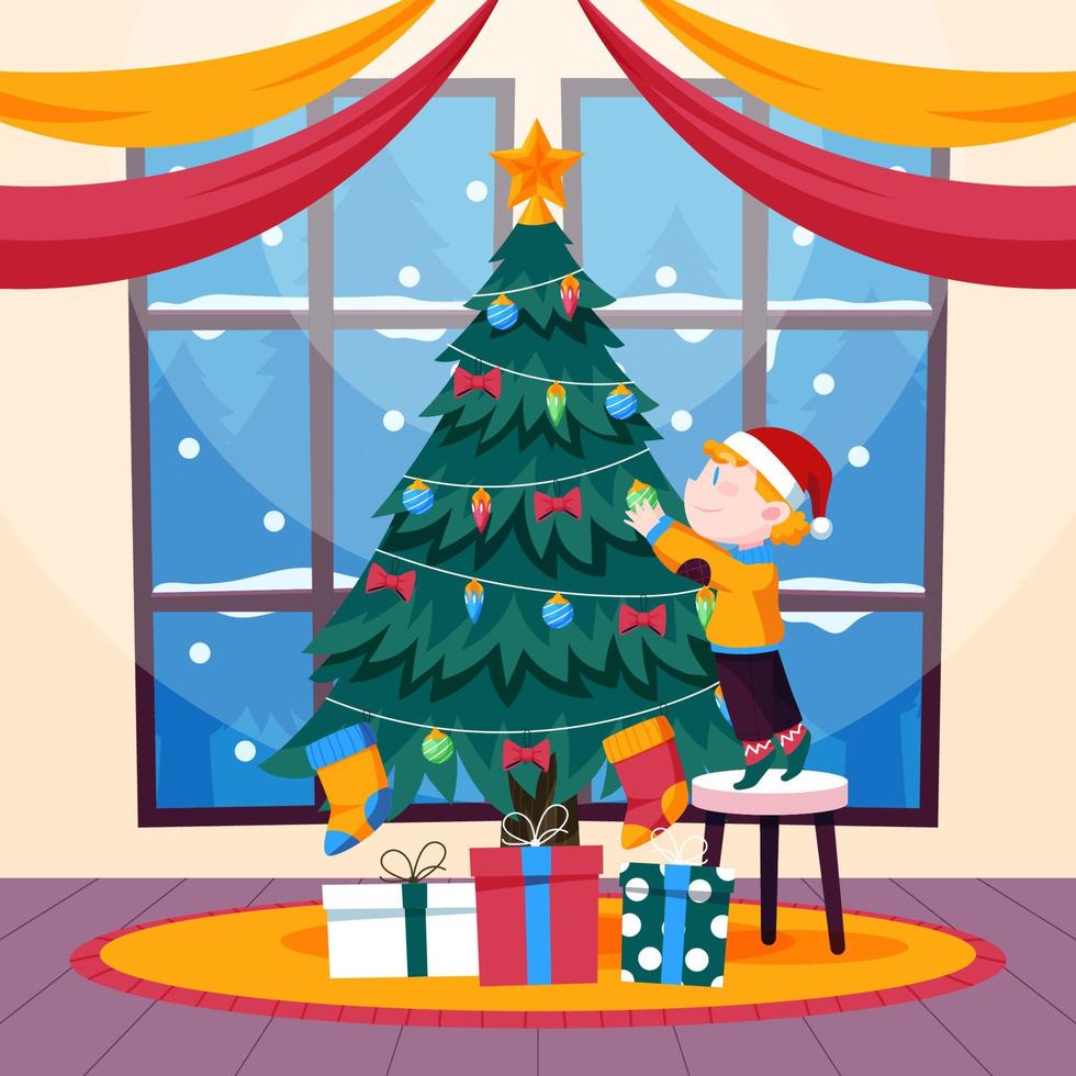 un' ragazzo decorazione un' Natale albero vettore