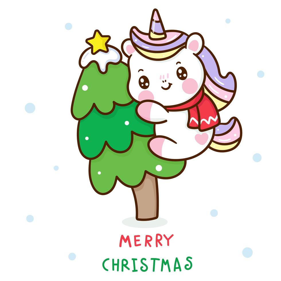 simpatico unicorno che abbraccia l'albero di Natale vettore