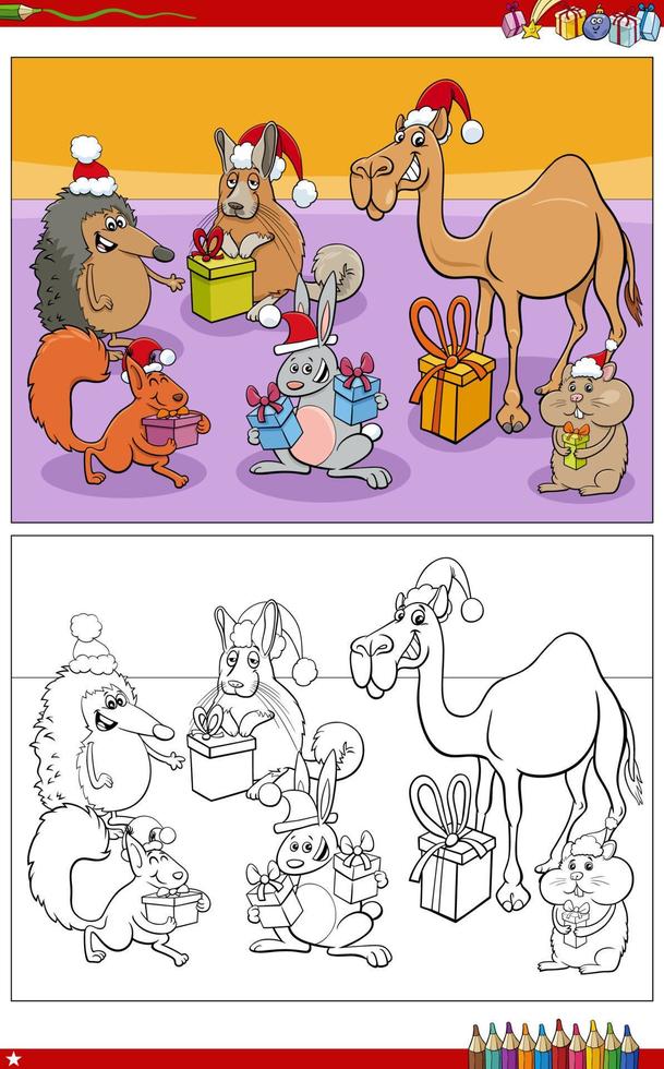 cartone animato animale personaggi con Natale premi colorazione pagina vettore