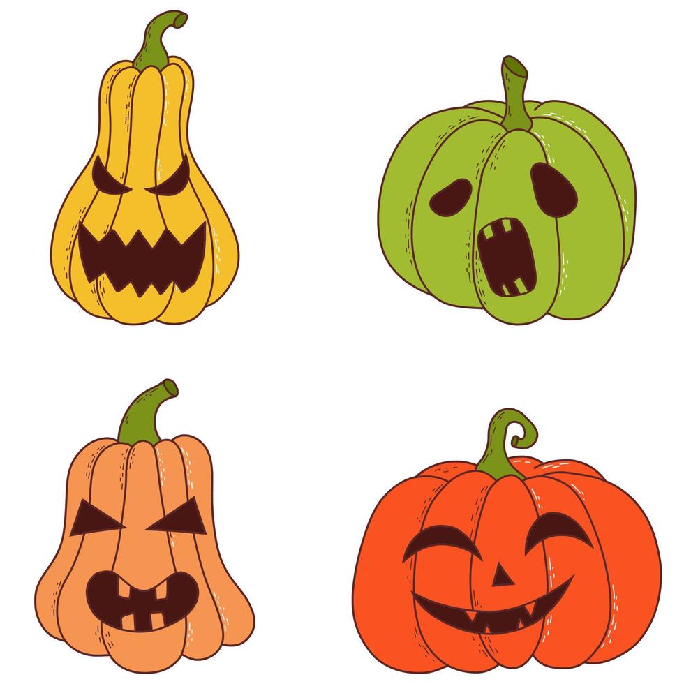 impostato di zucca di vario forme e colori con divertente facce. Halloween elementi. vettore illustrazione nel mano disegnato stile