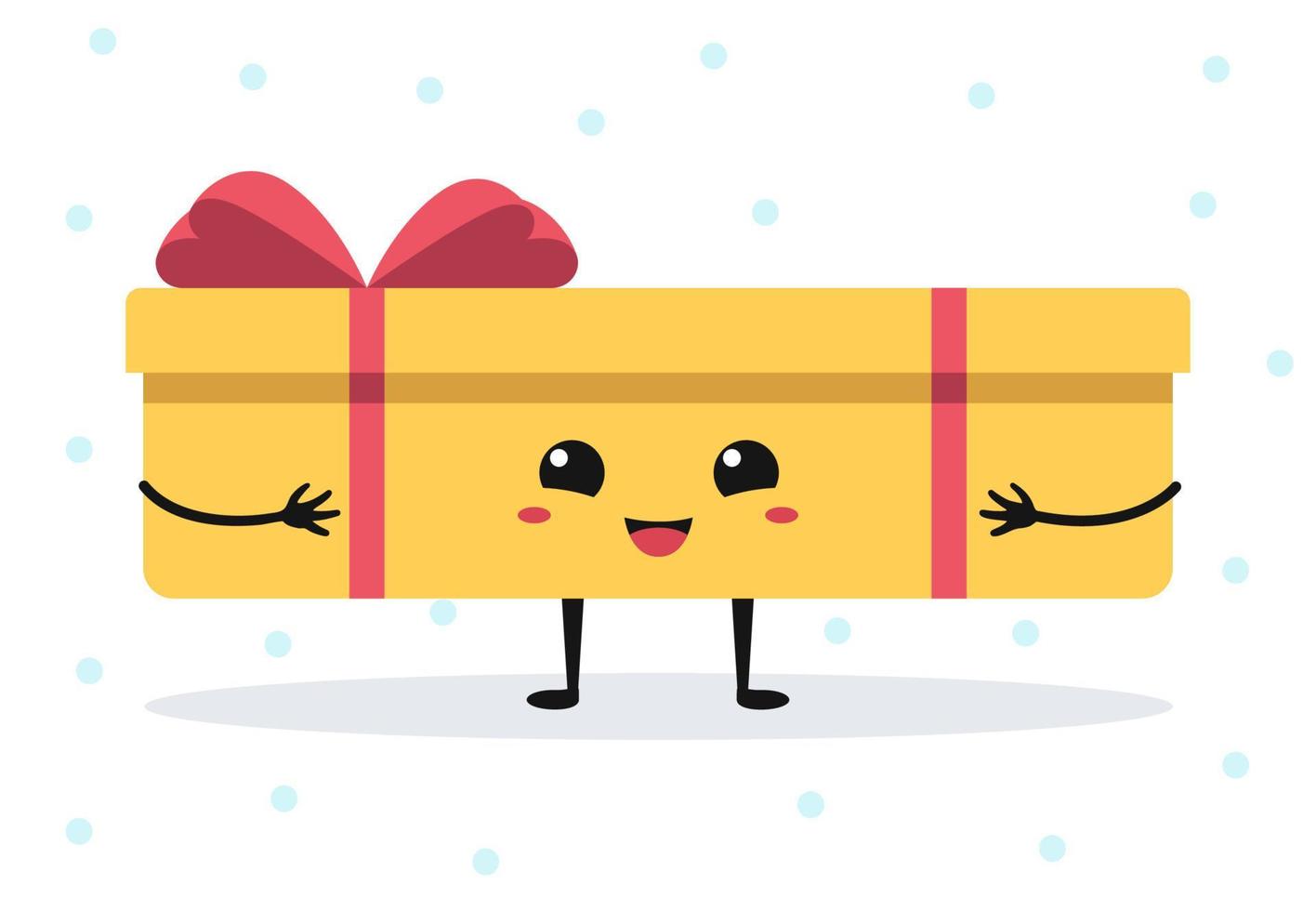 vettore cartone animato contento regalo scatola con carino viso. isolato emotivo piatto personaggio su bianca sfondo con fiocchi di neve.