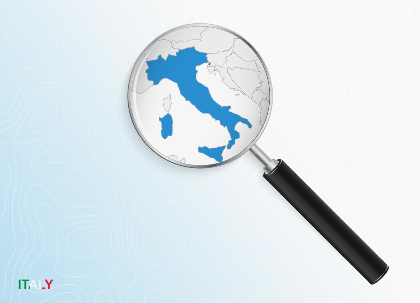lente d'ingrandimento con carta geografica di Italia su astratto topografica sfondo. vettore