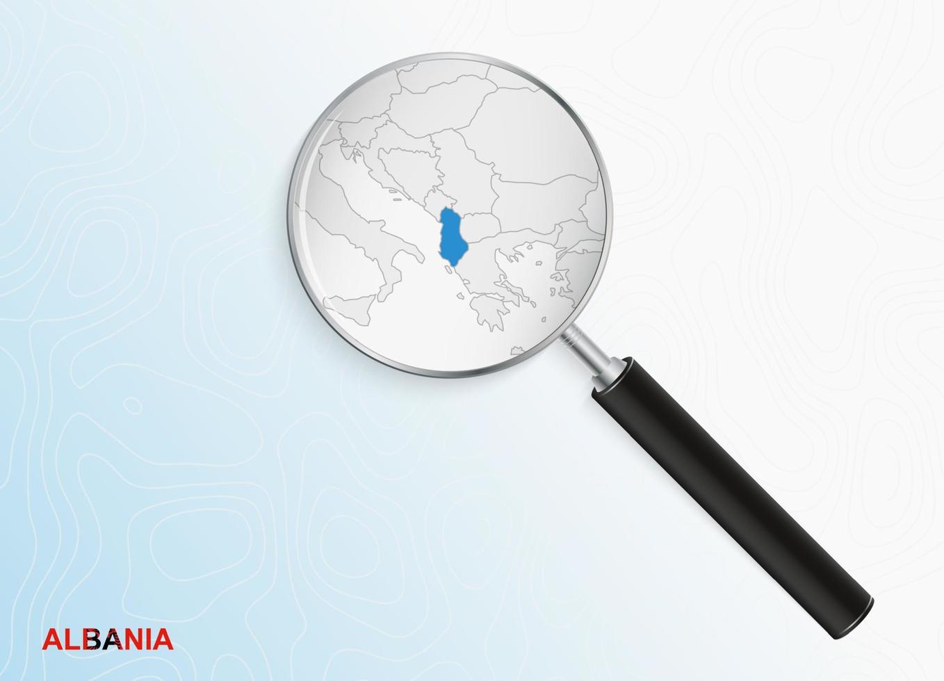 lente d'ingrandimento con carta geografica di Albania su astratto topografica sfondo. vettore