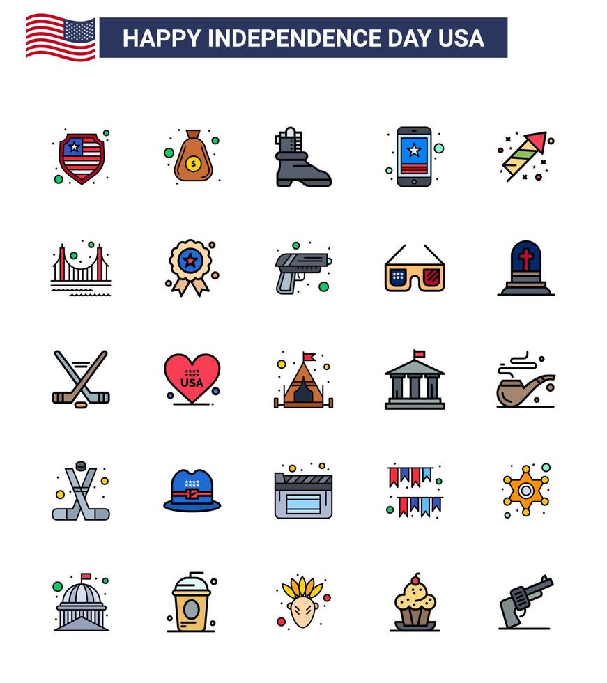 25 creativo Stati Uniti d'America icone moderno indipendenza segni e 4 ° luglio simboli di fuochi d'artificio celebrazione stivale Telefono inteligente Telefono modificabile Stati Uniti d'America giorno vettore design elementi